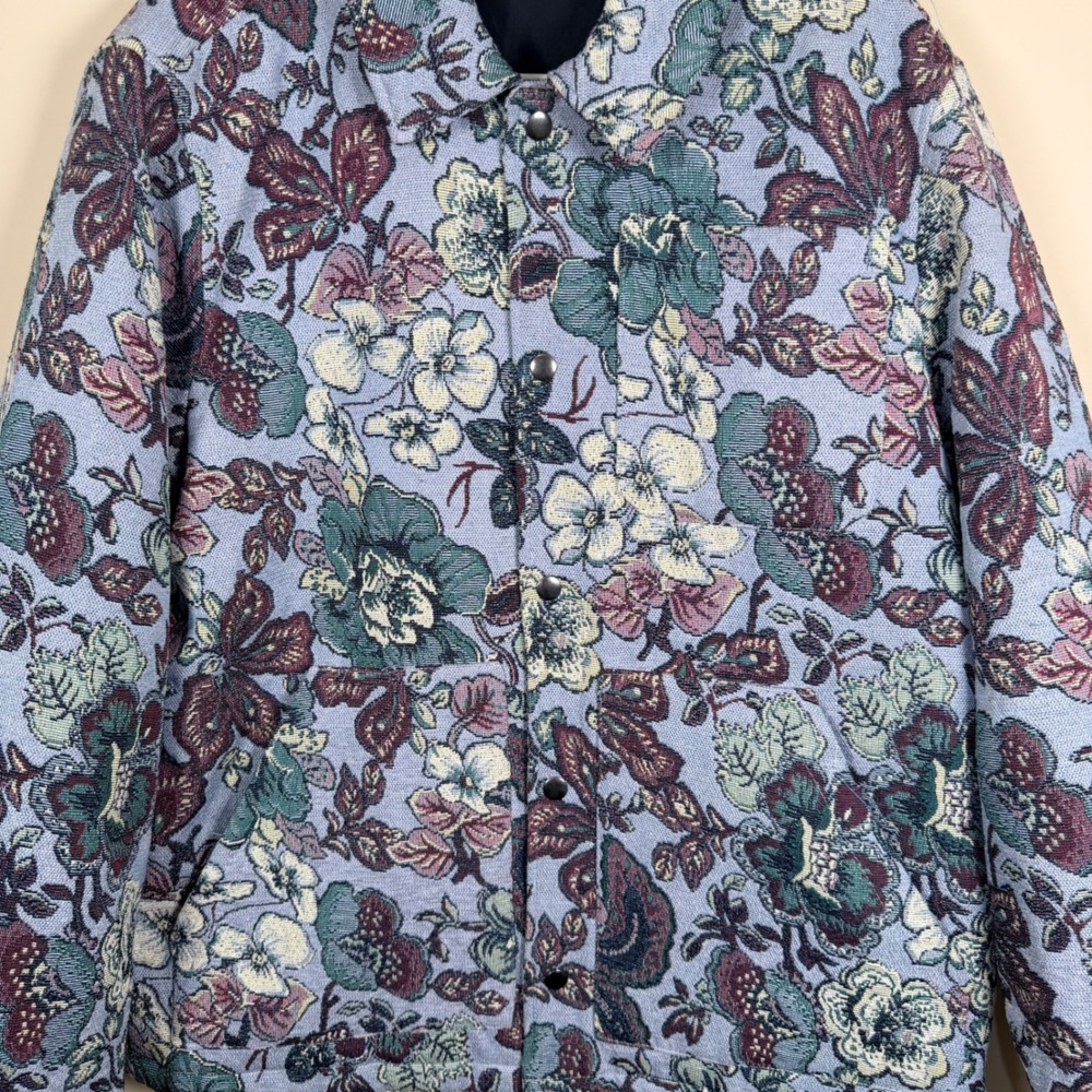 Zara Mens Blue Floral Tapestry Snap Button Jacket Chore Coat Large Maximalist - Picture 3 of 12